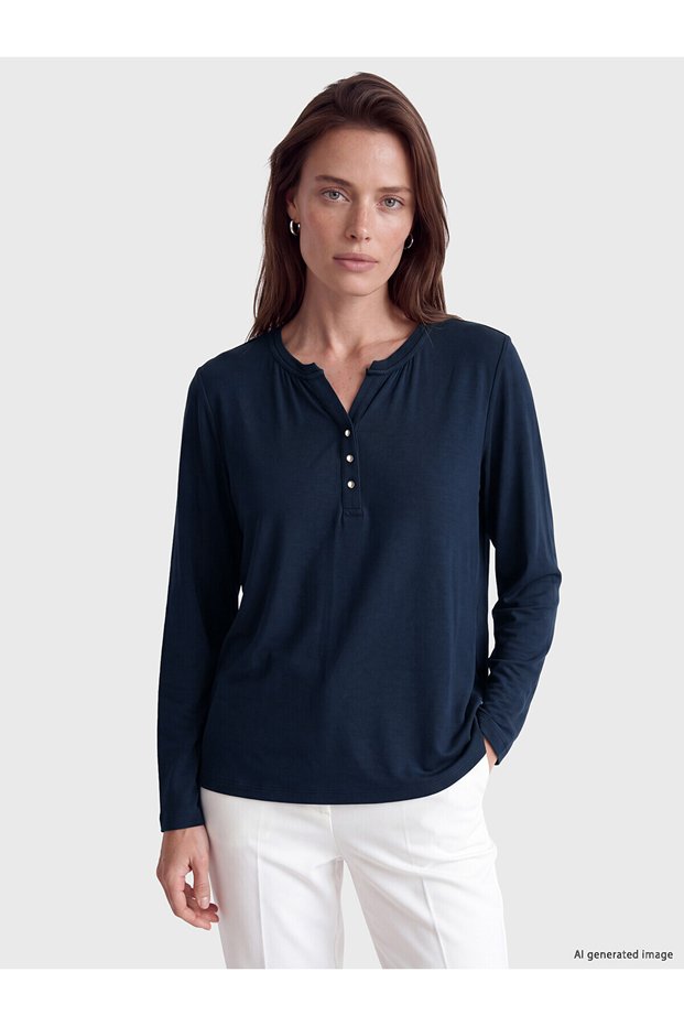 Alita City Farkıyla Lcw Grace Navy Blue Combed Cotton Plain Cowl Neck Long Sleeve Women's Blouse