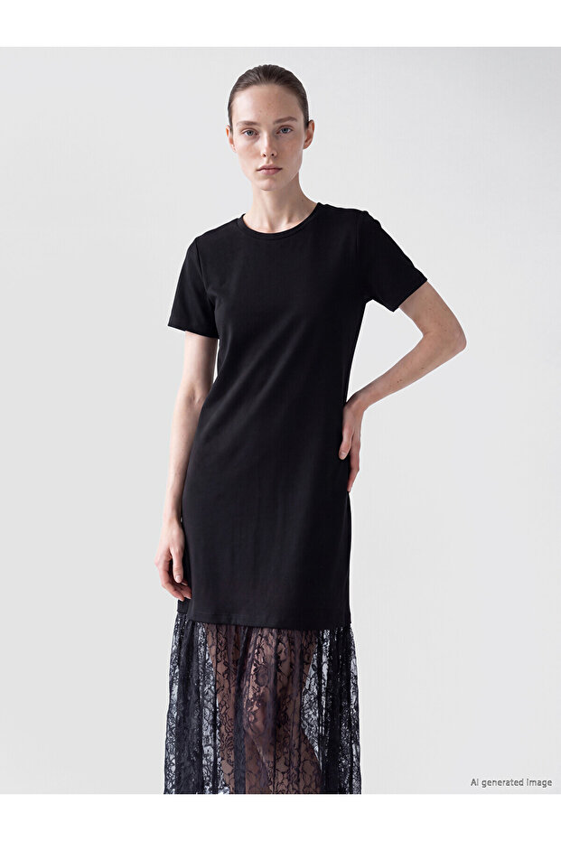 Lcw Comfort Black Crew Neck Lace Dress