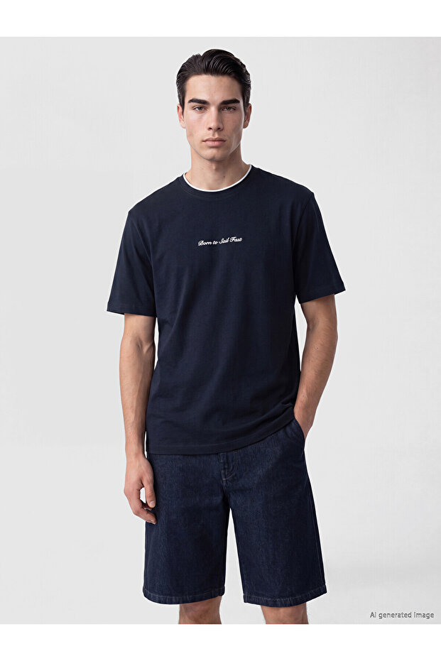 Lcwaikiki Classic Navy Blue Crew Neck Printed Men's T-Shirt