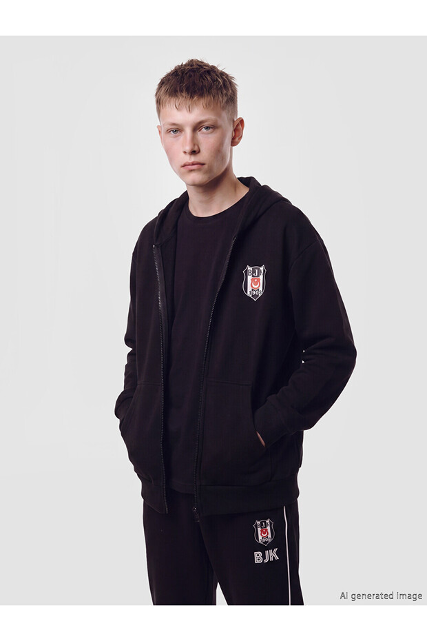 Lcw Kids Black Hooded Boy Zip-Up Sweatshirt