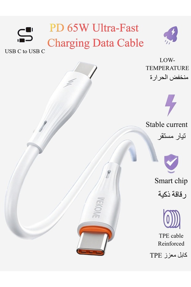 65W Max PD Fast Charging Type‑C to Type‑C Cable, Reinforced PVC Cord with Smart Chip, 480Mbps High Speed Data Transfer