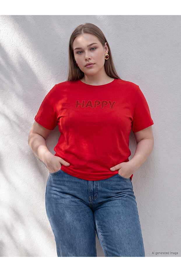 Lcw Curve Red Plus Size Embroidered 100% Cotton Blouse