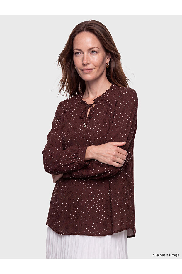 Lcw Grace Brown Tie-Neck Polka Dot Blouse