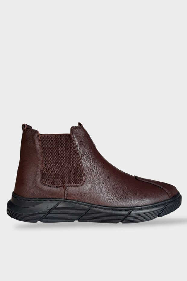 Men's Non-Slip Rubber Sole Elastic Zippered Genuine Leather Boots Brown