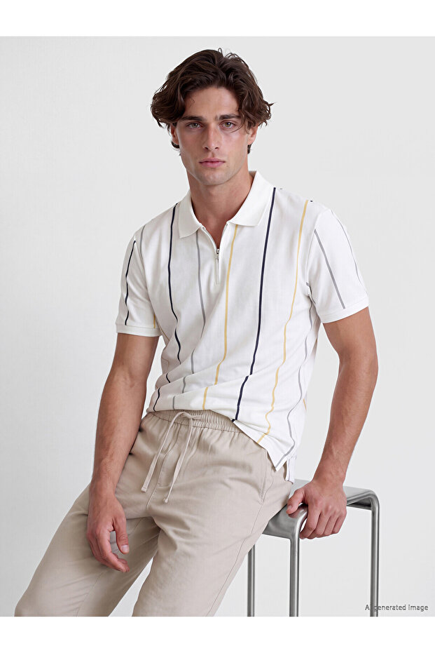 Lcw Vision Ecru Polo Collar Striped Pique Men's T-Shirt
