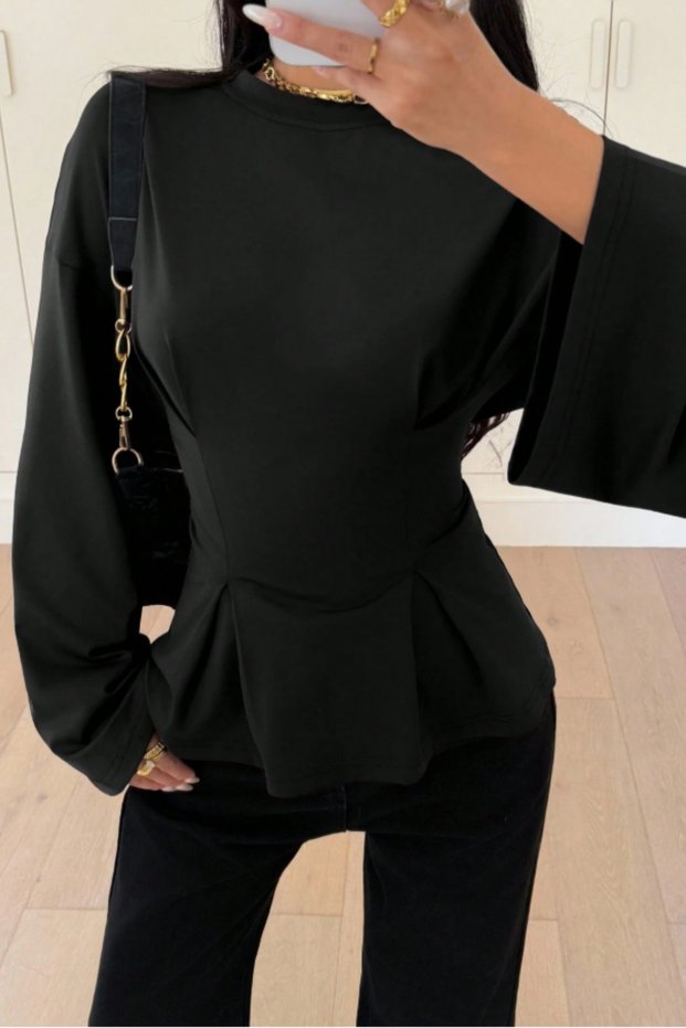Women's Pilet Waist Fitted Peplum Detailed Long Sleeve Blouse