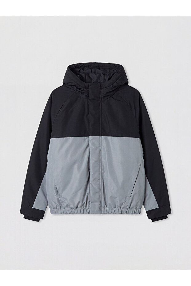 Lcw Kids Black Color Block Hooded Boys' Puffer Jacket