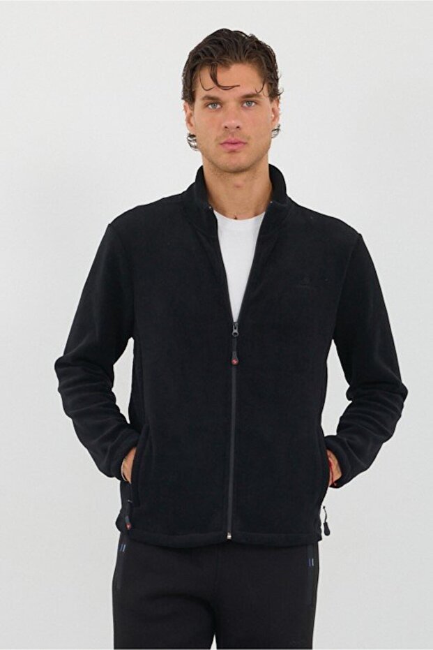 Black Men's Stand Collar Zippered Fleece Top