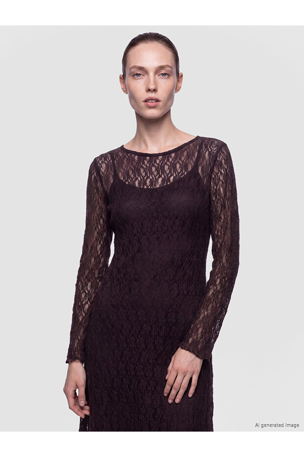 Two Mt Shop Quality Lcw Comfort Brown Lace Patterned Dress