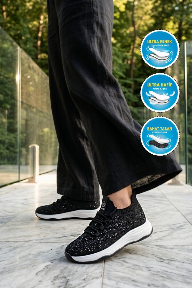 Black Anorak Stone Detailed Lace-Up Comfortable Sole Women's Casual Shoes 2061