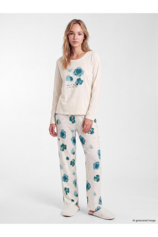 Lcw Dream Ecru Crew Neck Floral Women's Pajamas Set