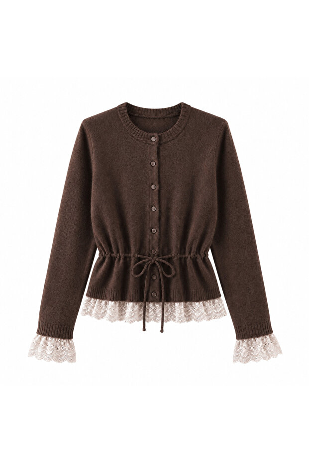 Women's Lace Detailed Waist-Tied Buttoned Knitwear Cardigan 7010
