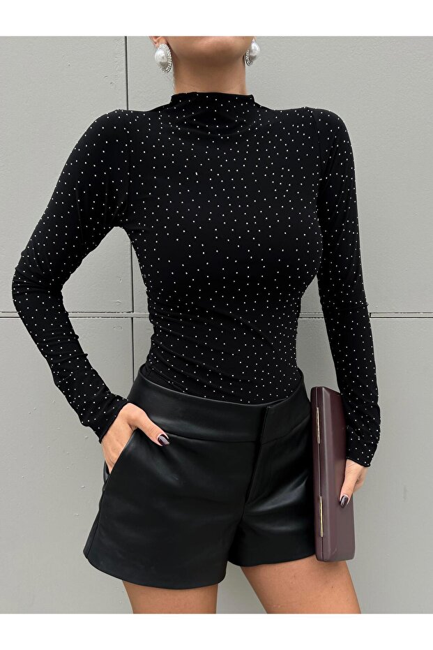Knitted Fabric Stone-Embellished Blouse Black