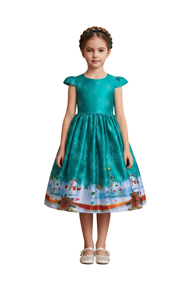 D'Daniela - Christmas Party Dress long with Short Sleeves - Red & Green - 4Y to 13Y