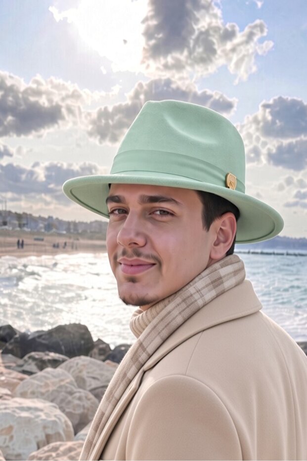 Men's Winter Stylish Mint Green Fedora Hat | Wide Brim Felt Fedora with Belt Detail