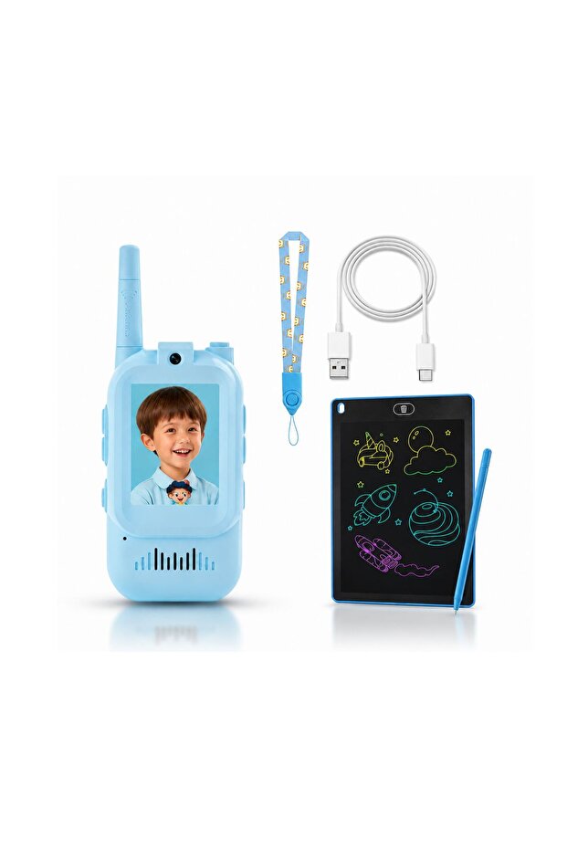 Kids Walkie Talkies with Camera & Video, Rechargeable 2-Way Radio for Boys & Girls, Push-to-Talk, Voice Changer, USB-C Charging, Lanyards & LCD Writing Tablet Gift Set