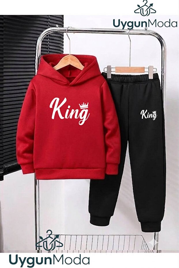 Small Crowned King Printed Hooded Thick Cotton Inside Tracksuit with Pockets Children's Top and Bottom Tracksuit Set