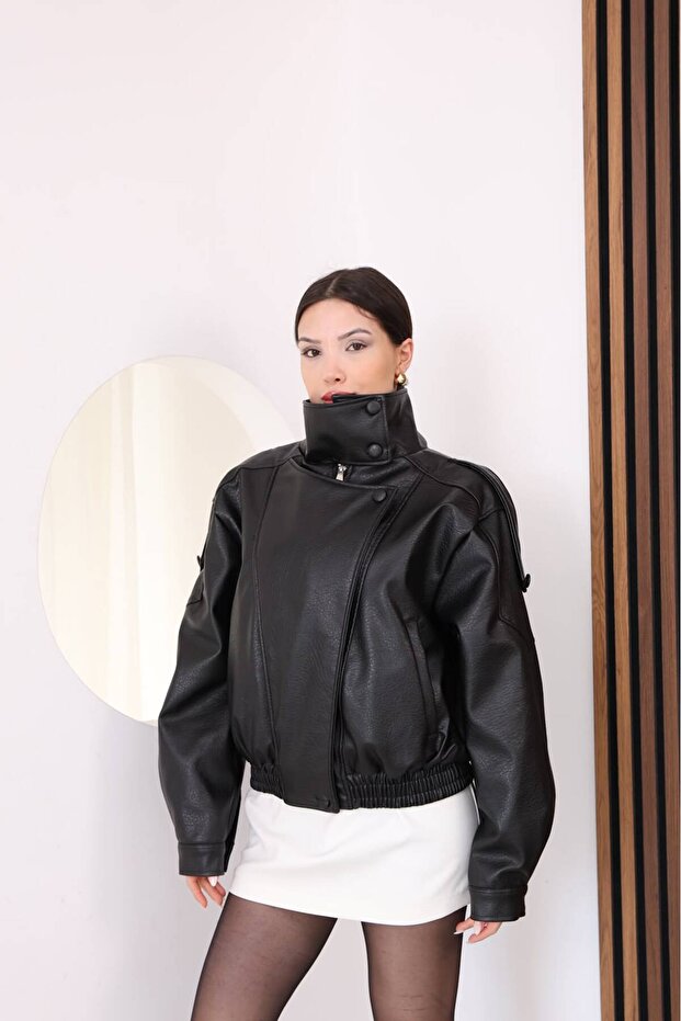 Stand Collar Bomber Leather Jacket