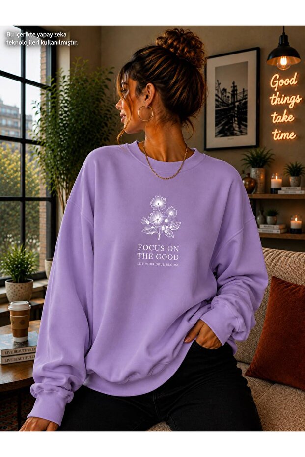Women's Focus on the Good Written Floral Printed Round Crew Neck Casual Cotton Basic Sweatshirt