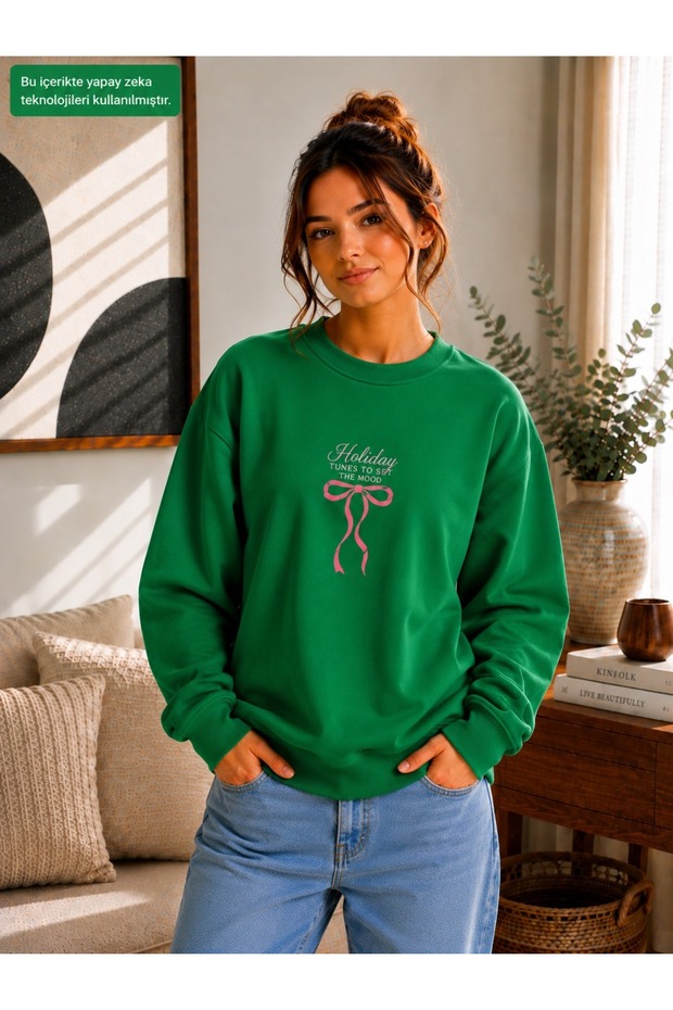 Women's Ribbon Printed Holiday Tunes Written Round Crew Neck Casual Cotton Basic Sweathirt