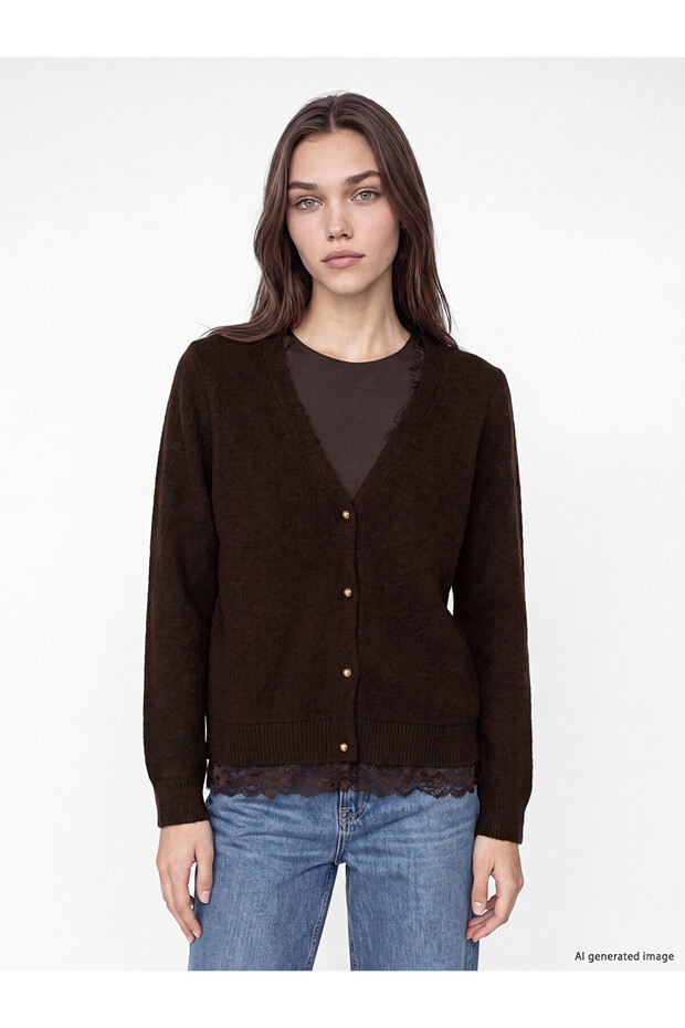 Lcw Modest Brown V-Neck Lace Detailed Women's Knitwear Cardigan