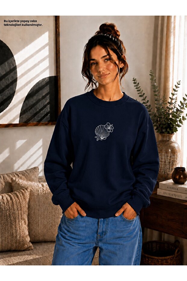 Women's Sea Shell and Starfish Printed Round Neck Casual Cotton Basic Sweathirt