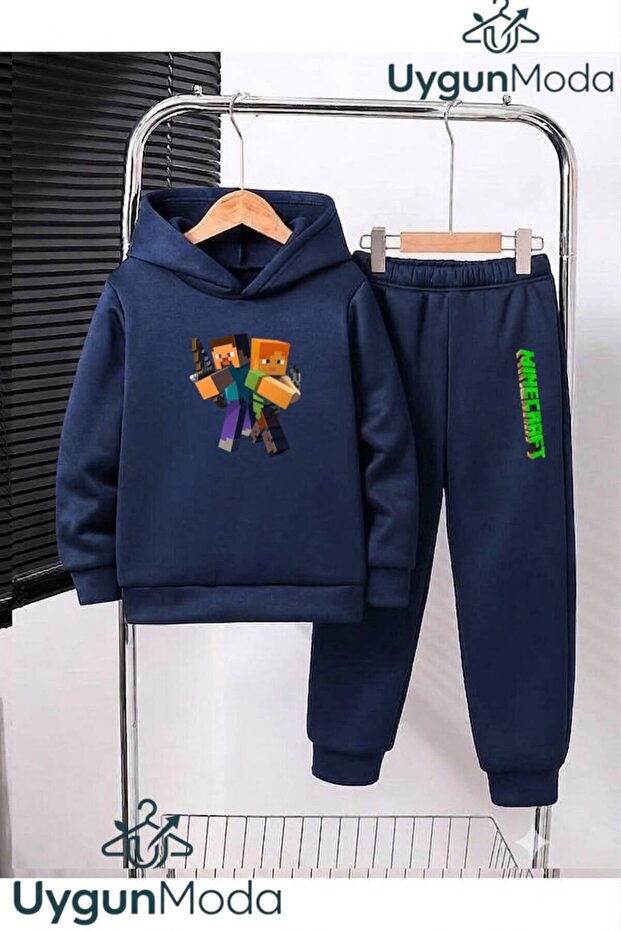 Double Green Shape Printed Hooded Thick Cotton Inside Padding Tracksuit with Pockets Children's Bottom and Top Tracksuit Set