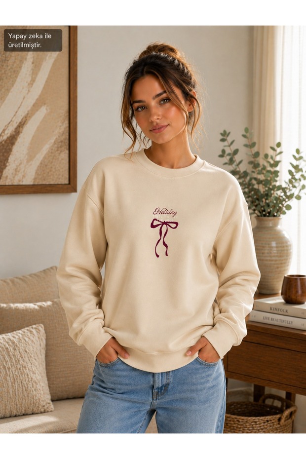 Women's Ribbon Printed Holiday Tunes Written Round Crew Neck Casual Cotton Basic Sweathirt