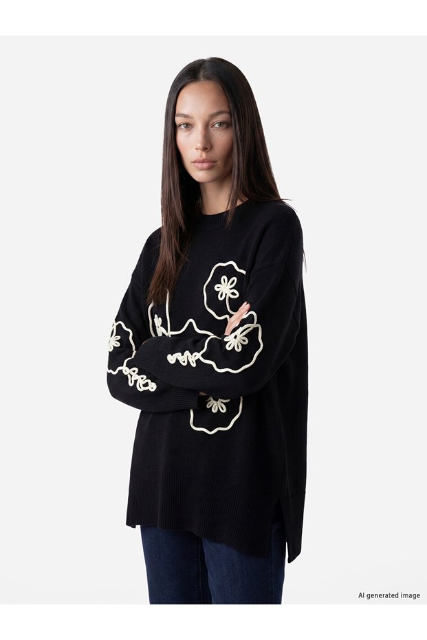 Lcw Everyday Black Crew Neck Floral Embroidered Women's Knitwear Sweater