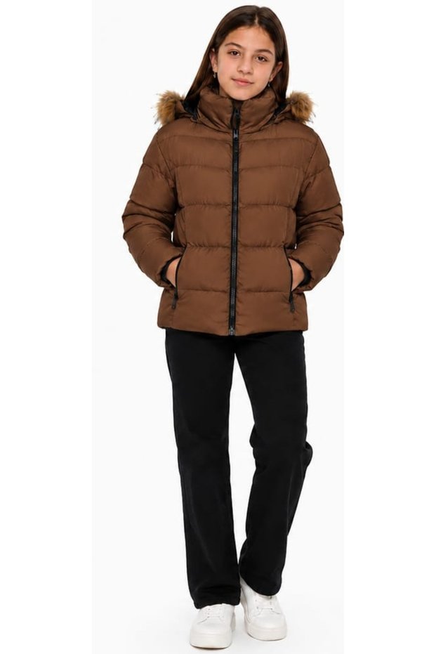 Girl's Hooded Fur Coat with Zipper Closure and Zipper Pockets, Brown Color, Slim Inflatable Coat