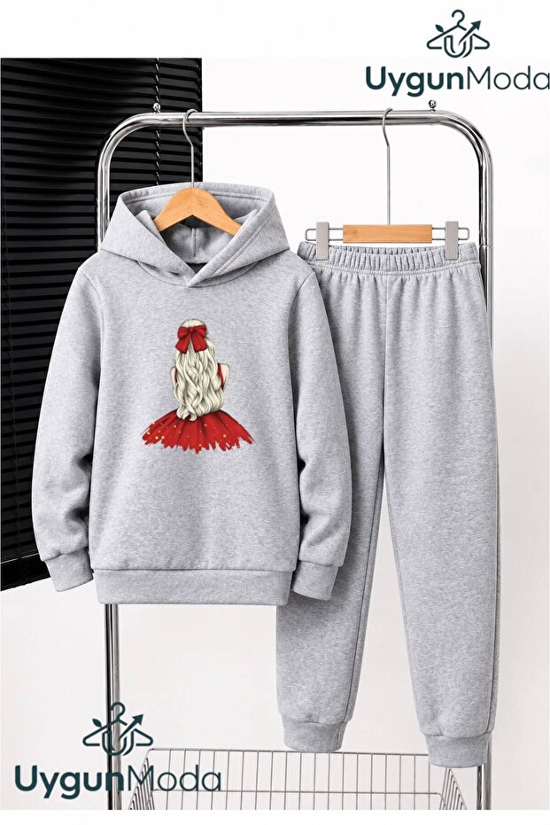 Sarisaçli Girls' Printed Hooded Thick Cotton Inside Lined Sweatpants with Pockets Children's Top and Bottom Sweatpants Set