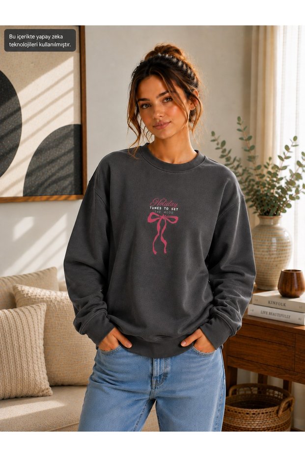 Women's Ribbon Printed Holiday Tunes Written Round Crew Neck Casual Cotton Basic Sweathirt