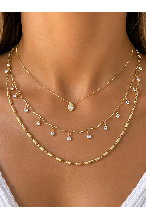 ✨ Sparkling Drop Stone 3-Piece Gold Women's Necklace Combination