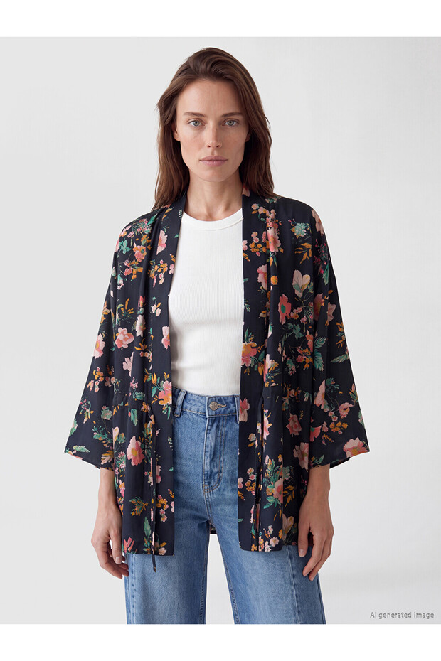 Lcw Grace Black Shawl Collar Floral Women's Robe