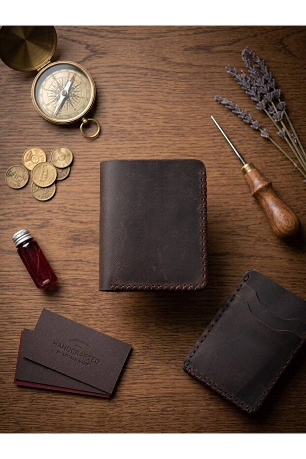 - 100% Genuine Leather Handmade Dark Brown Multi-Section Wallet & Card Holder