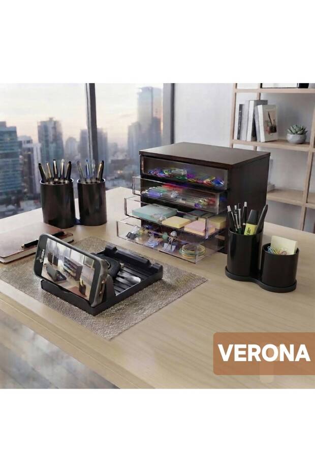 Multi Office Organizer Set: 1 Wooden Body Organizer Box with 4 Drawers, 2 Anti-Tip Pen Holders, 1 Phone Holder
