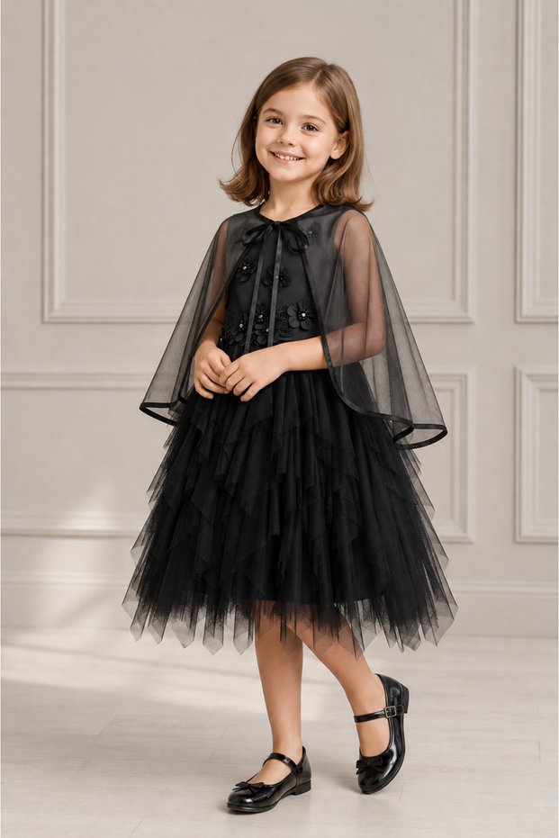 Girl's Matte Satin Robe, Lycra Tulle Skirt, Hand Embroidered Floral Applique and Bead Detail, Cape Black Evening Dress 6-10 Years Birthday, Special Occasion