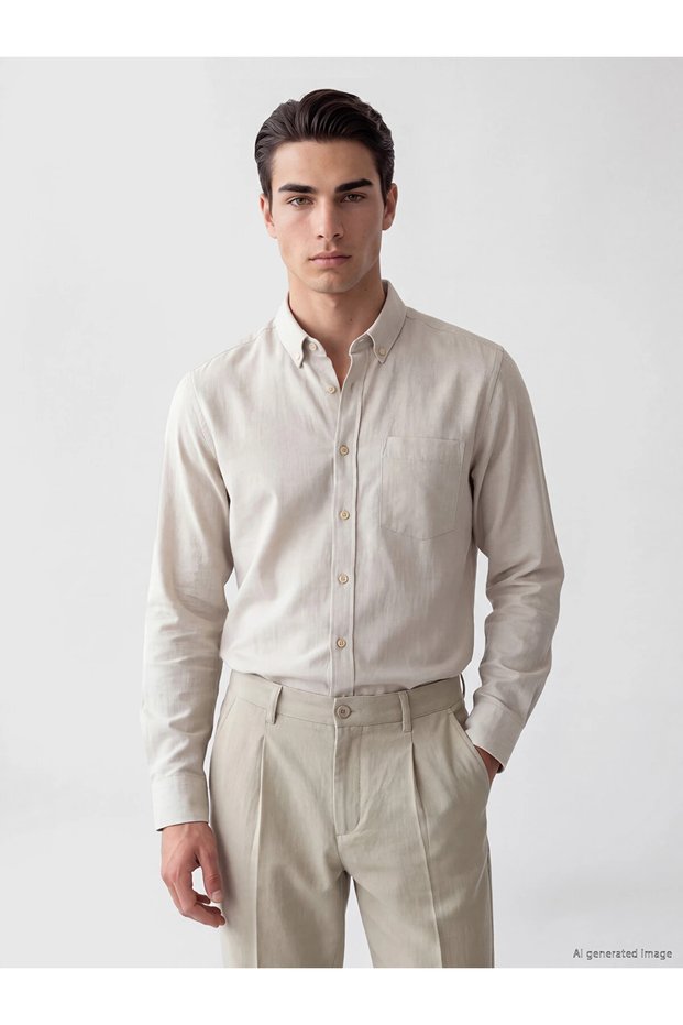 Lcwaikiki Classic Beige Regular Fit Linen Look Men's Shirt