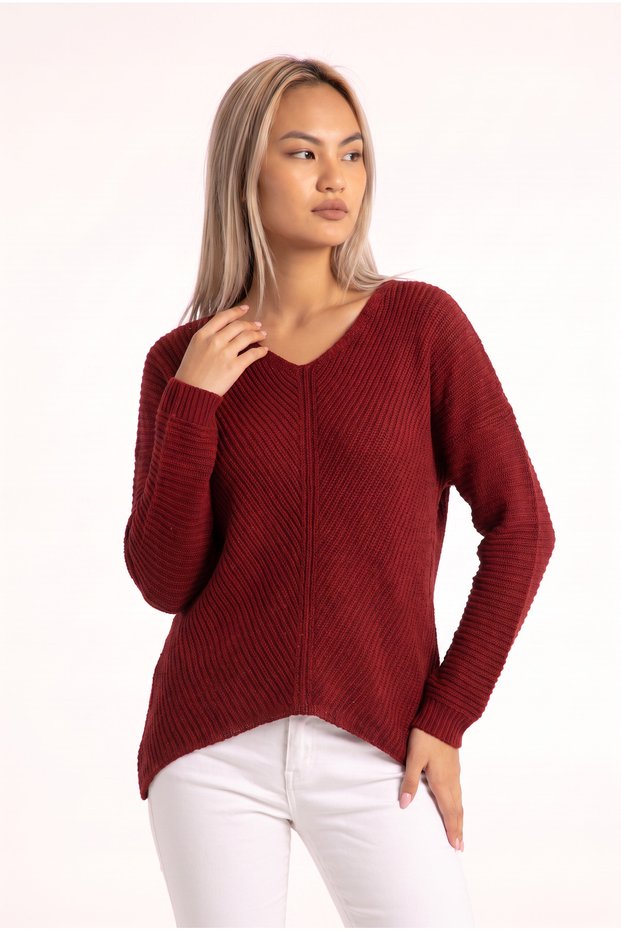 New Season, Women's Burgundy Acrylic Knit Sweater, Batwing Sleeve, V-Neck, Asymmetrical Hem, Long Sleeve