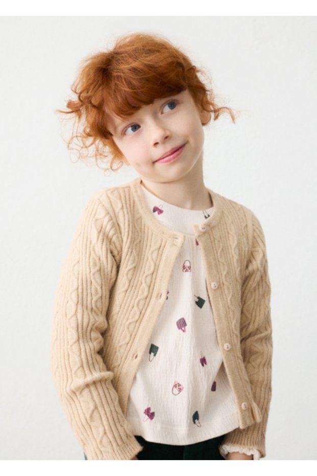 Beige Girls' Fur Collar Cardigan 4324