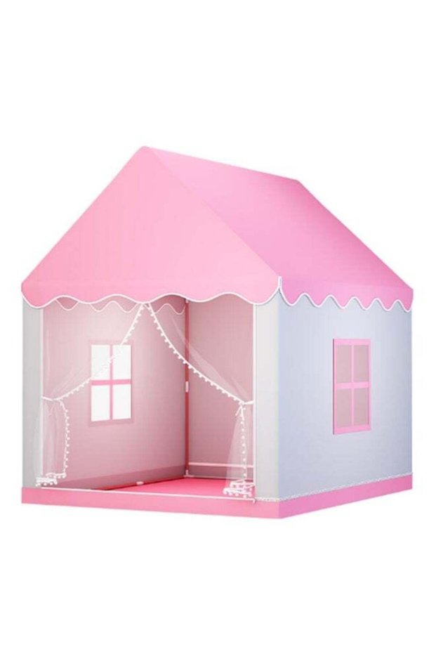 Large Pink Indoor Playhouse Tent for Girls and Kids, Cute Princess Castle Style Canopy with Curtains, Decorative Lights and Colorful Accessories, Perfect for Bedroom, Nursery, Pretend Pla