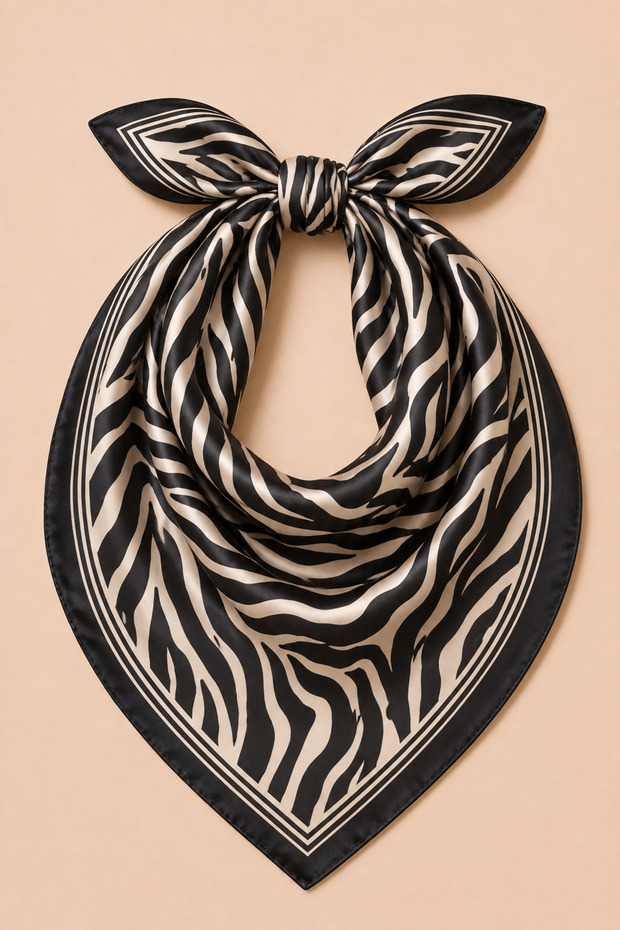 Women's Zebra Patterned 50X50 cm Satin Scarf, Black Edged Silky Textured Square Neck Hair and Bag Accessory