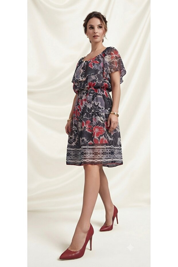 Gray Red Floral Patterned Premium Quality Back Front Hollow Out Shoulder Wearble Waist Belt Chiffon Dress with Zipper