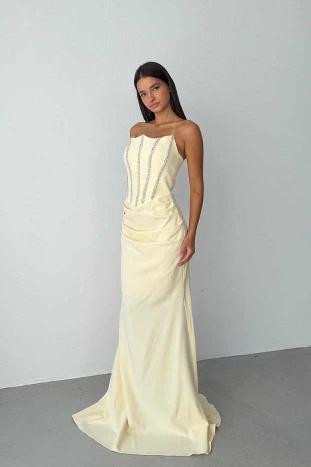 Yellow Strapless Stone Embellished Draped Underwire Long Evening Dress