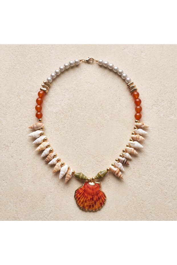 Women's Seashell Necklace Shimmering Seashell Handmade Real Seashell with Acrylic Beads