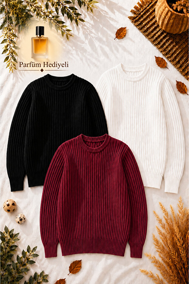 Men's 3-Piece Premium Ribbed Knitwear Sweater + 100 ml Perfume Crew Neck Slim Fit Winter Set