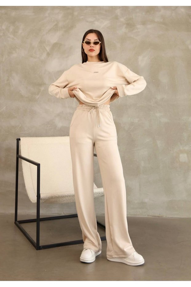 Cl Kn New Season Beige Color Long Sleeve Modal Tracksuit Set