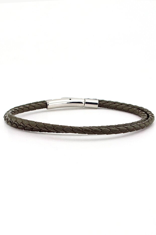 Velaris Khaki Green Thin Leather Wrap Stainless Steel Clip Men's Bracelet M059H