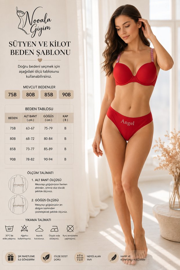 Premium Velvet-Textured Stone Detailed Strap Detailed Supportive Bra and Panty Set - Angel Series