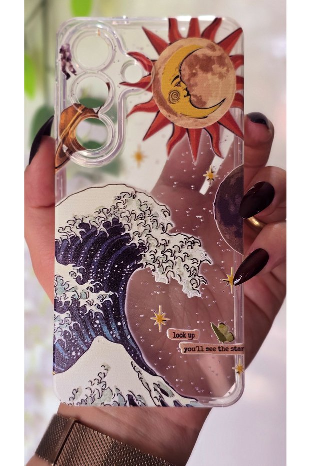 Samsung Galaxy S26 Compatible Wave and Sun Pattern Transparent Phone Case